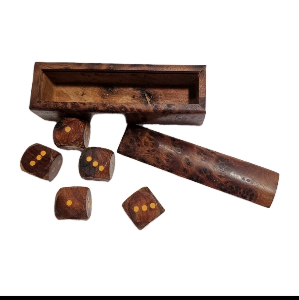 Rare Collectible Set of 5 Wood Dice in Thuya Wood Burl Storage Box
